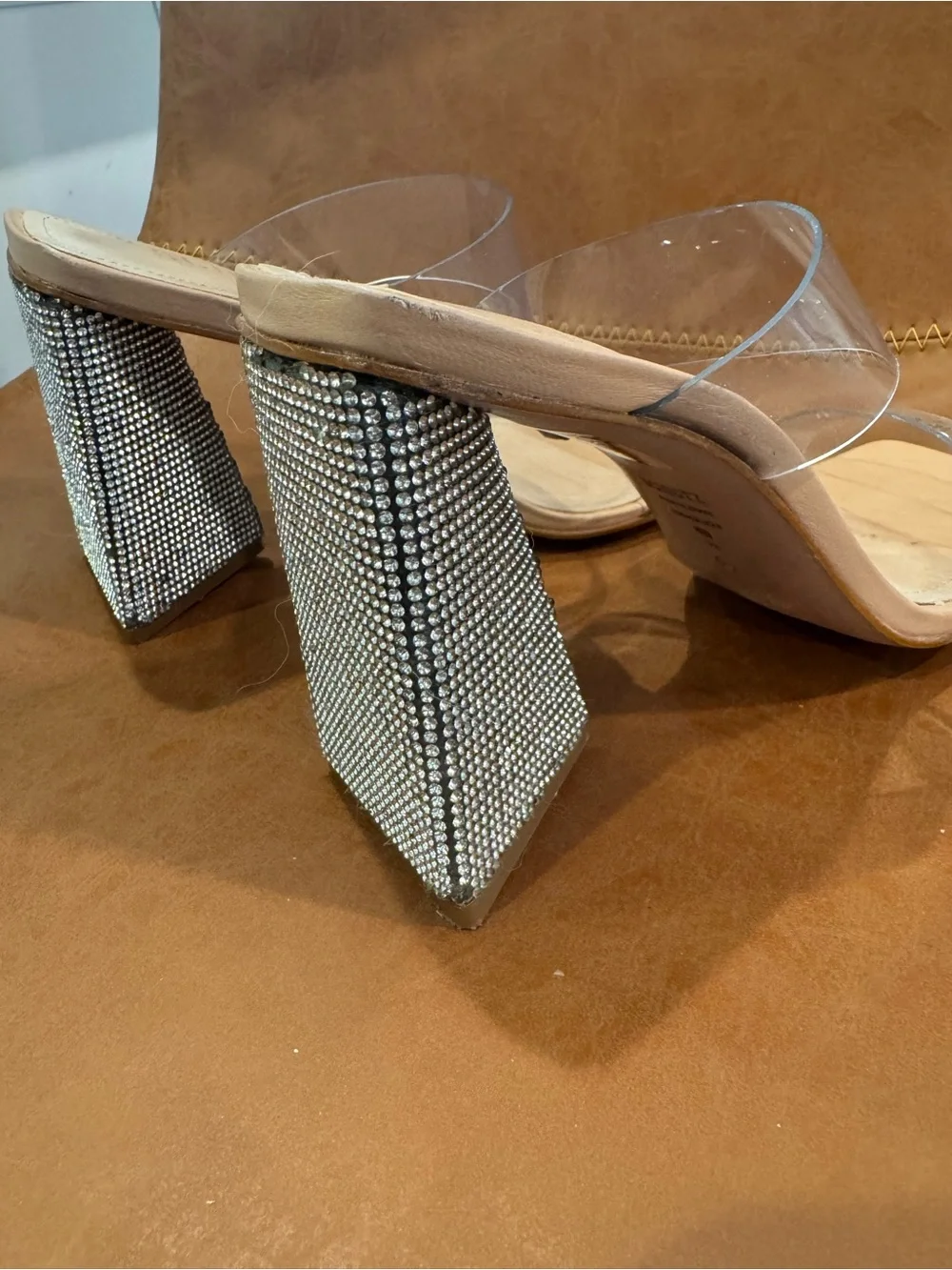 SCHUTZ Nude Clear Strap Rhinestone Block Heel Sandals